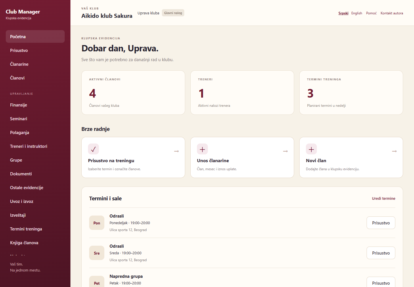 App dashboard showing active members, coaches and training schedules in the fictional Sakura club